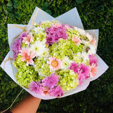 Garden Party Pink Bouquet - Vibrant Pink & Green Mixed Flowers
